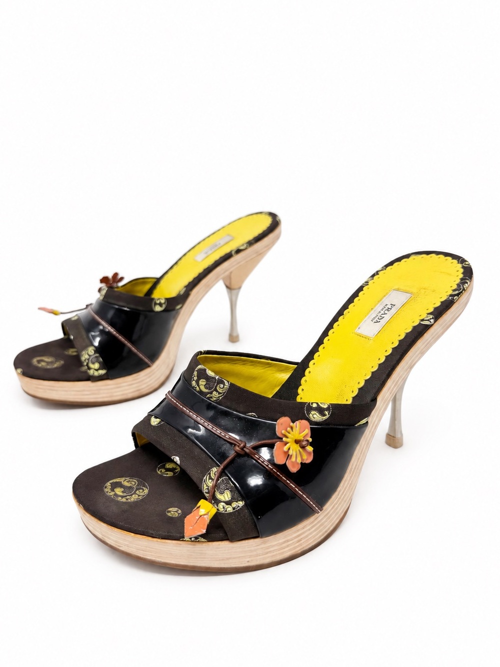 Prada SS 2003 Kimono Paisley Platform Slide Heels Womens Size EU 38.5